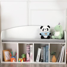 Kids Bookshelf with Reading Nook, 4-Cube Storage, Soft Cushion, White
