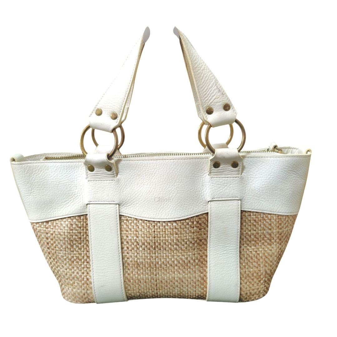 Chloe Woody Large Tote Basket Bag in Canvas & Leather 11x7 Women's Fashion