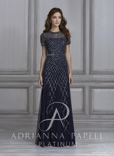 ADRIANNA PAPELL Navy Blue Illusion Sheer Sequin Embellished Trumpet Maxi Gown 12