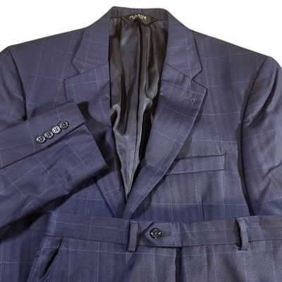 Jos A Bank Signature Two-Piece Suit 100% Wool 39R 32x30 Windowpane Grid Blue