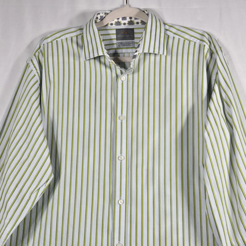 Camisa masculina Thomas Dean XL verde listra branca manga longa contraste punho botão para cima - Imagem 2 de 4
