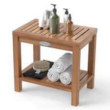 19 Inch Teak Wood Shower Bench Inside Shower Stool w/ Storage Shelf for Adults