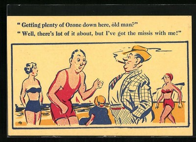 Künstler-AK Donald McGill: Getting plenty of Ozone down here old man?, Strandsz 