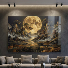Luxuriöser Japan Landschaftsdruck. Mond, Wandbild Acrylglas, Leinwand, Poster