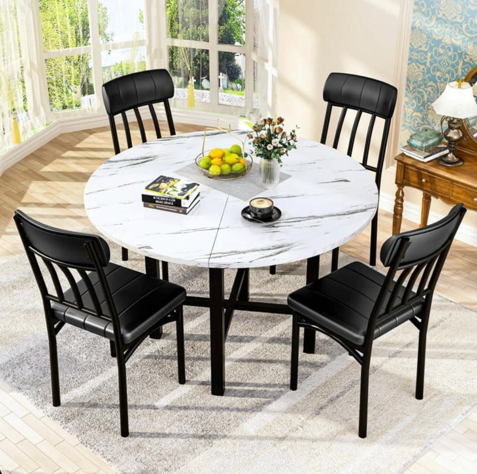 Juego De Comedor Redondo 4 Sillas y Mesa Elegante Mesa de Cocina Superior de Mármol Imitado Foto 2 de 4