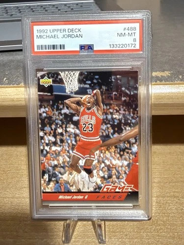 1992-93 Upper Deck Basketball Game Faces Michael Jordan Bulls Card #488 PSA 8