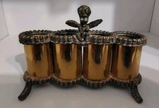 Vintage Gold Tone Metal (4 slot) Lipstick Holder with Cherub & rhinestone 1950's