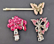 Vintage Pink Rhinestone Butterfly Flower Hair Clips Barrette Lot Silver Tone