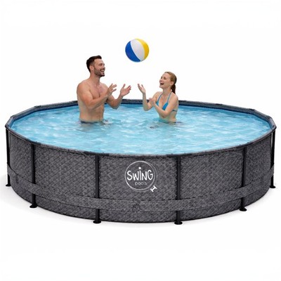 HAF Metal Frame Pool Aufstellpool Schwimmbecken Rund Grau Fischgräte 366 x 91cm