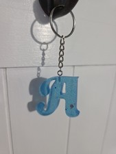 Initial New Letter Cursive A Resin Light Blue W Sparkle Key Chain