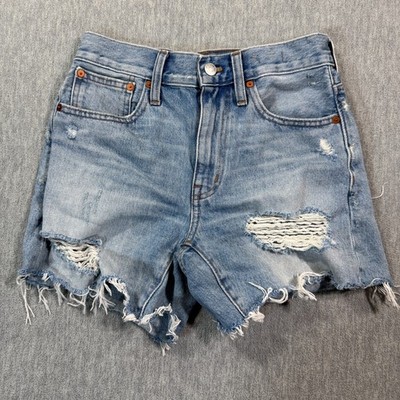 Madewell Shorts Women 23 Blue Denim Distressed Relaxed Mid-Length High Rise