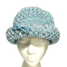 Blue straw hat with bow bowler style upturned rim union label mid century church
