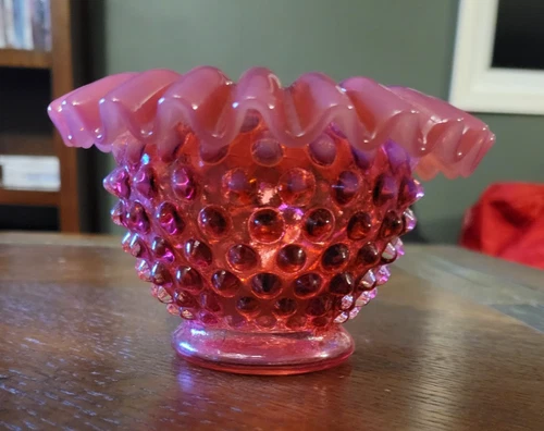 Vintage Fenton Cranberry Opalescent Rose Bowl Ruffled Edge - Ruffled Rim