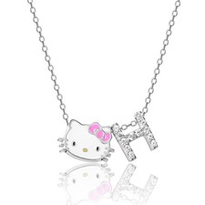 Hello Kitty Necklace for Women with Cubic Zirconia Letter Charm, 18" Silver F...