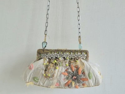 Mary Frances Silk Pleated Floral, Bead, & Feather Embellished Small Evening Bag