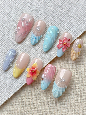 10-teiliges/Set handgefertigtes Nailart-Set in Mandelform: Blumenmuster, gewellt, geprägte Muster