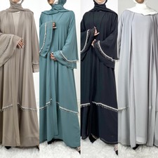 2pcs Set Muslim Women Maxi Dress Dubai Abaya Kaftan Open Cardigan Kimono Robe