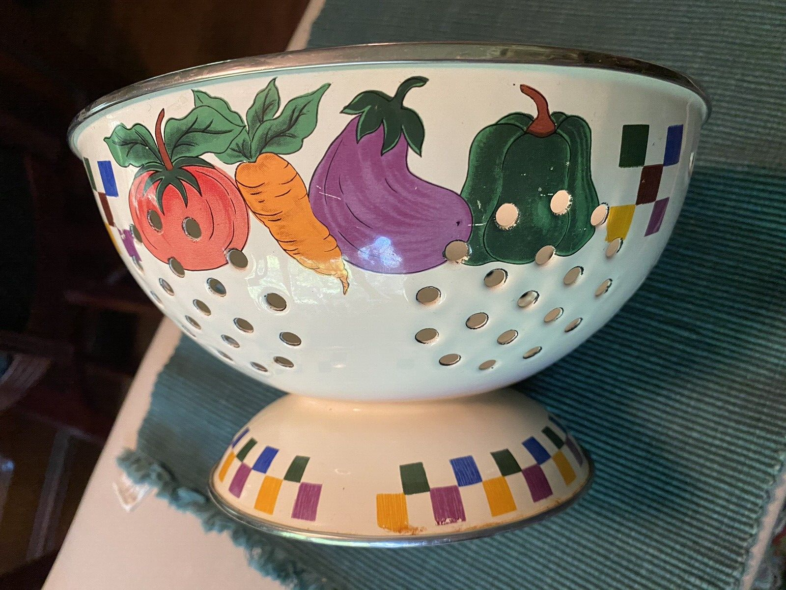 Vintage White Enamelware Colander Strainer Vegetable Decor 8 3/4