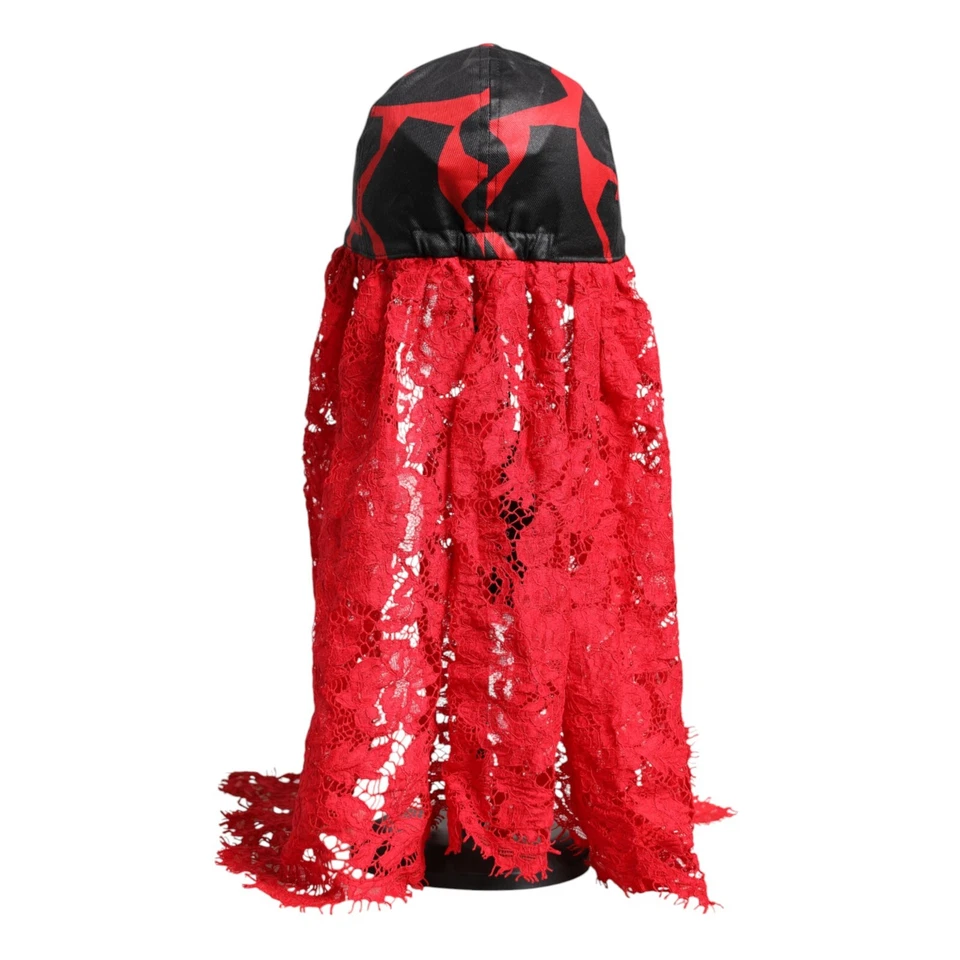 DOLCE & GABBANA Sombrero Rojo Negro Encaje Tul Algodón Gorra de Béisbol 57/S PVP 600USD Foto 3 de 4