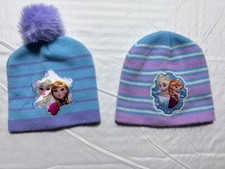 2pc Disney Frozen Beanie Hat Girls Cap Purple Blue Strip