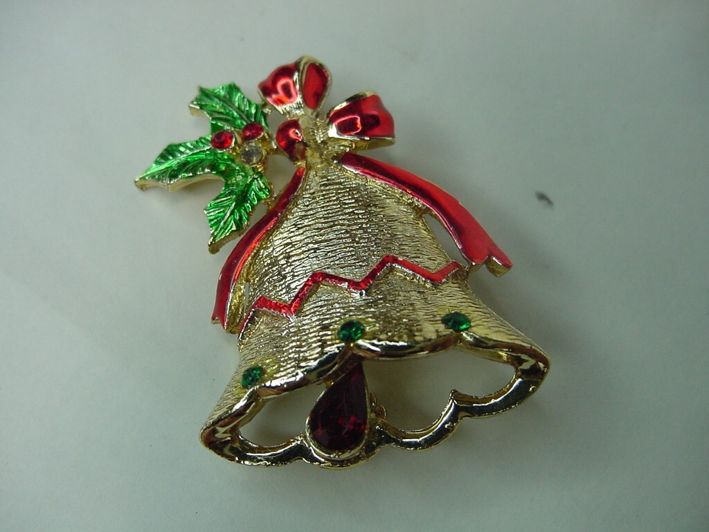 VTG COSTUME JEWELRY - BEATRIX CHRISTMAS BELL RHINESTONES PIN