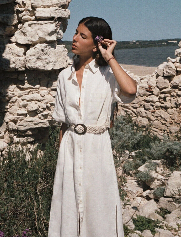 white linen shirt dress