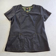 DICKIES Scrub Top Womens Medium Gray Nurse Medical Uniform Utility Medal Logo