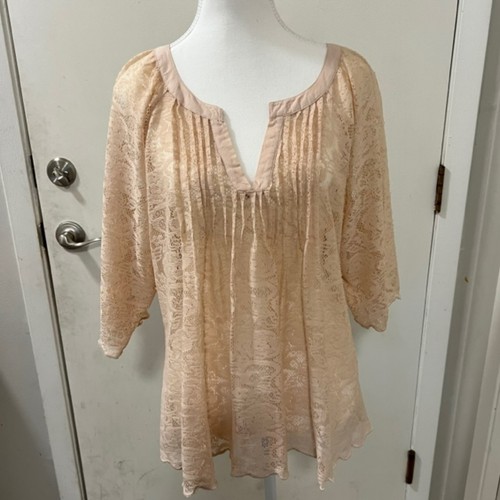Blusa Top Vintage America Mujer Melocotón Encaje Cuello en V Plisada Manga 3/4 Talla Grande - Imagen 4 de 12