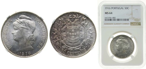 Portugal 1916 50 Centavos Silver (.835) NGC MS 64