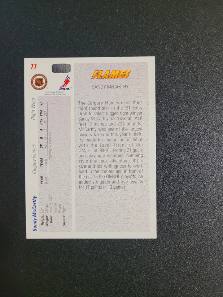 1991-92 Upper Deck Sandy McCarthy Flames Auto Autographed Signed Card - Image 2 of 2