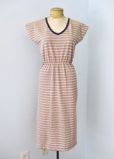 Vtg 70s Red Blue White Stripe Stretchy Knit V-Neck Fit Flare Day Dress Casual L