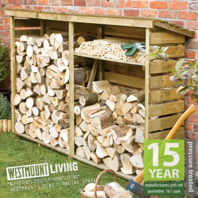COURTESY OF WESTMOUNT LIVING TREATED WOODEN LOG STORE WOOD FIREWOOD OUTDOOR GARDEN KINDLING STORAGE LOGS SHED