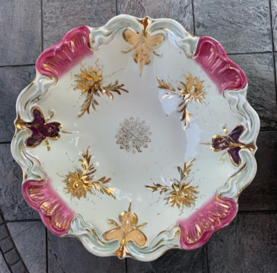 Vintage Bavarian 10'' Bowl Flower/Iris Pink Purple Peach Scalloped Lustre Gold