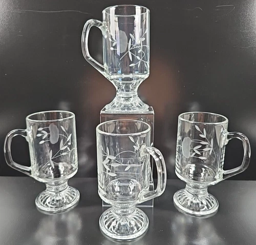 4 Princess House Heritage Irish Mugs Set Clear Floral Etch Footed Coffee Cup Lot