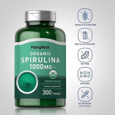 Organic Spirulina Tablets | 1000mg | 300 Count | Vegetarian | by Piping Rock