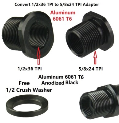 6061 T6 Black Adapter to Convert 1/2x36 TPI Muzzle Thread to 5/8x24 TPI Thread