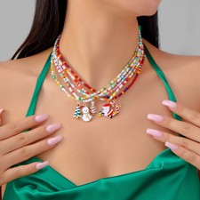 Christmas Cartoon Santa Bell Snowman Snowflake Pendant Bead Necklace