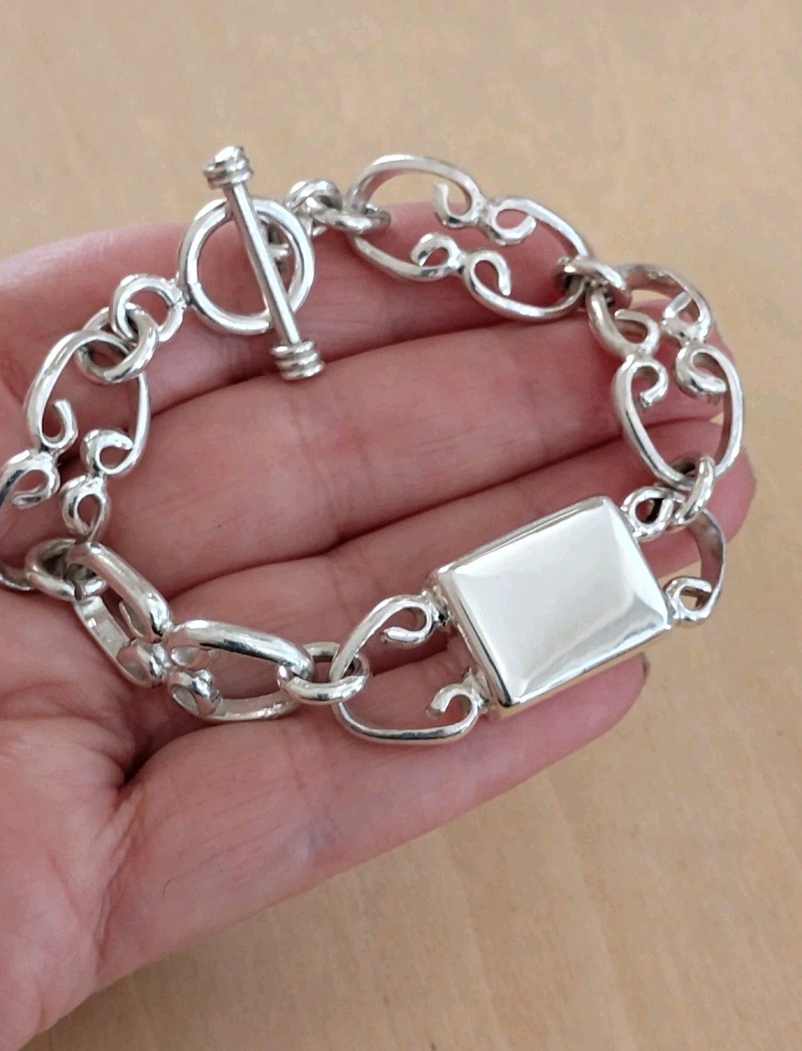 Sterling Silver Scroll-Link Toggle Bracelet Engra… - image 11