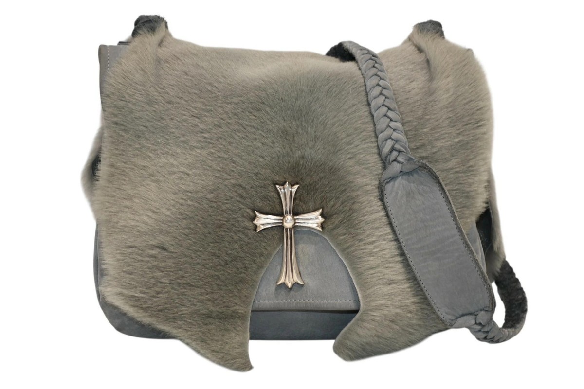 Chrome Hearts Large Cross Patch Fur Shoulder Bag Mink Leather