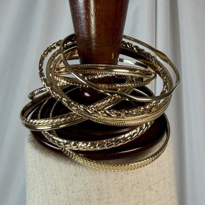Vintage Multi-Stack Bangle Bracelet Set Gold Tone Textured 8.25 Inch 12 Pieces