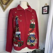 Vintage Tiara Christmas Sweater Zip Up Cardigan Presents Teddy Bear Holiday