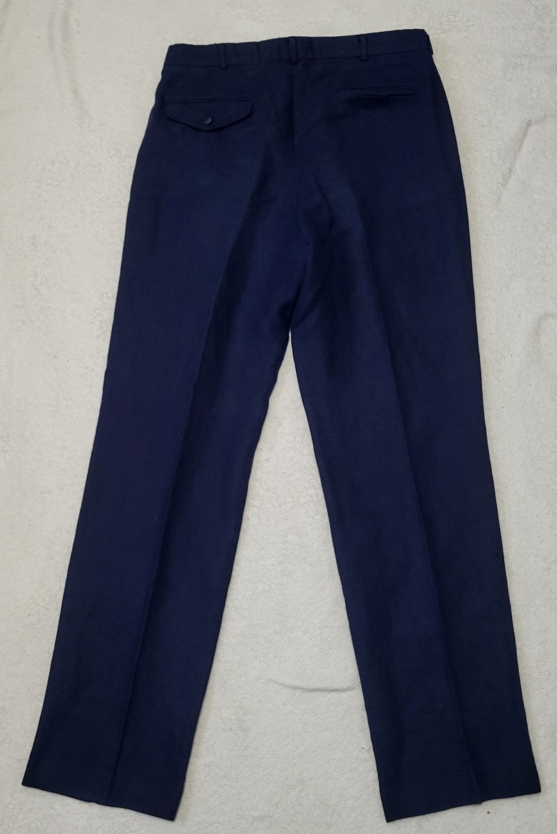 Lands End Dress Pants Mens 34x33 Navy Blue Cotton Linen Dbl Pleated Trousers Vtg View 5
