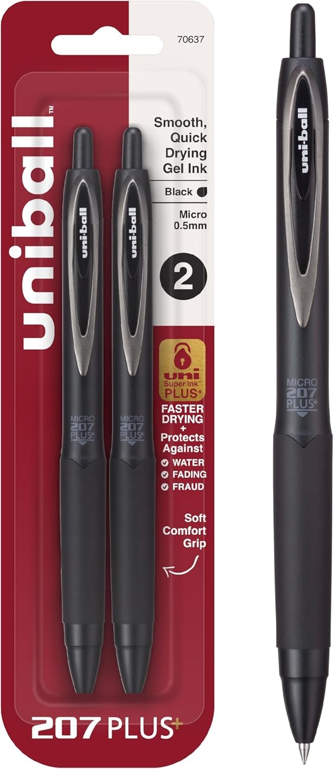 Uni-Ball 207+ Black Retractable Gel Pens 2 Pack 1 Count (Pack of 2),
