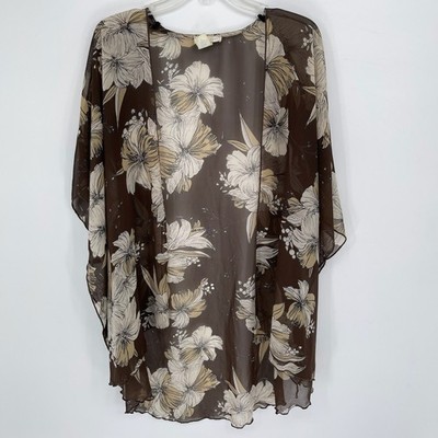Emory Park Women's Brown Floral Sheer Chiffon Kimono Cardigan Size L