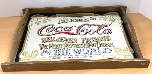 VTG 1970s Coca-Cola Original Wood Mirror Tray w/Handles 16.5" X 11.5" -Very Good