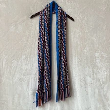 NEW Missoni Fringed Jacquard Knit Wool Blue Zigzag Striped Colorful Scarf