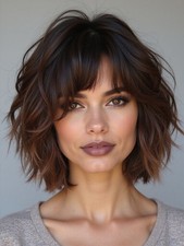 Ombre Auburn Brown Bob Wig with Bangs 100 Human Hair Wave Lace Front Wigs 8"
