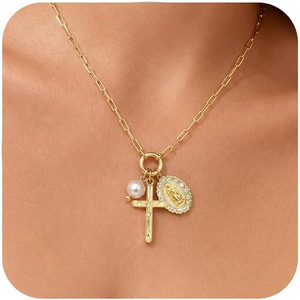 Authentic Gold Virgin Mary Cross Necklace - 14K Gold Plated Cross Pendant Necklaces,Non Ta