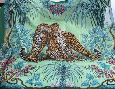 Hermes Cotton Pareo Shawl Stole Scarf Jungle Love Green Leopard