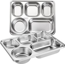 3 Pack Stainless Steel Rectangular Divided Plates Tray, 5 Sections Dinner Plates